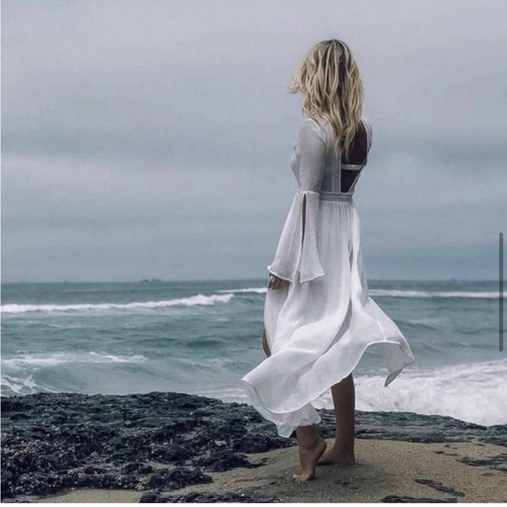 New Boho Flowy Mesh Lace Tie Maxi Kimono Dress Duster Jacket Robe Swim Cover Up - Picture 4 of 16